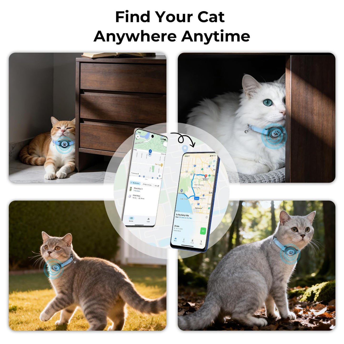GPS Cat Tracker Collar(iOS & Android), Bluetooth Mini GPS Dog Tracker, Smart Pet Activity Tracker, No Monthly Fee, Work with Apple Find My & Google Find Hub, Finder Tag for Pets,Items Blue 1 Pack