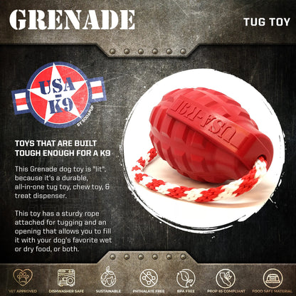 USA-K9 Grenade Rubber Dog Chew Toy | K9 Handler Reward Toy | Blue | USA Made