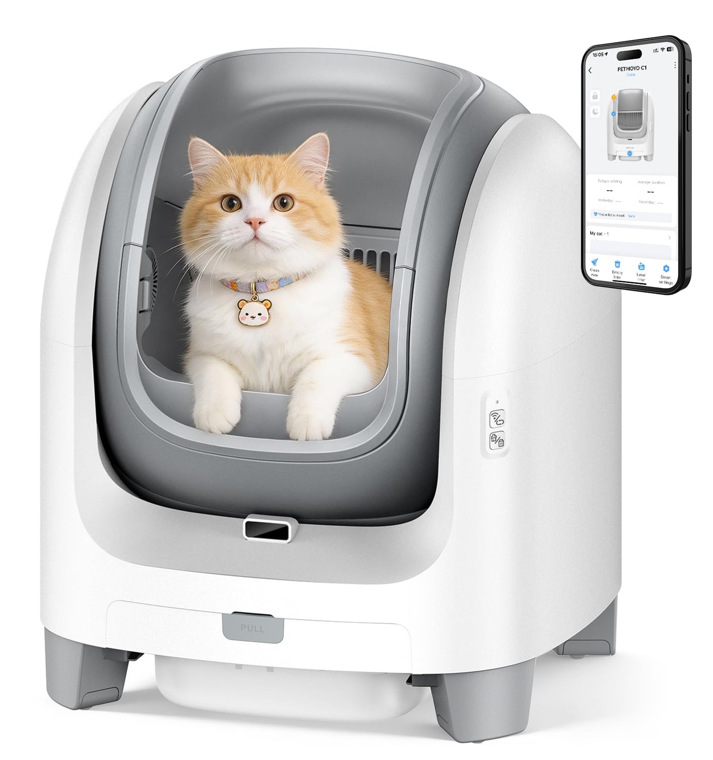 Self Cleaning Litter Box for Multiple Cats, Automatic Litter Box with APP Real-Time Monitor, Dual Safety Protection, Odor-Free Waste Disposal Includes Trash Bags, Gray