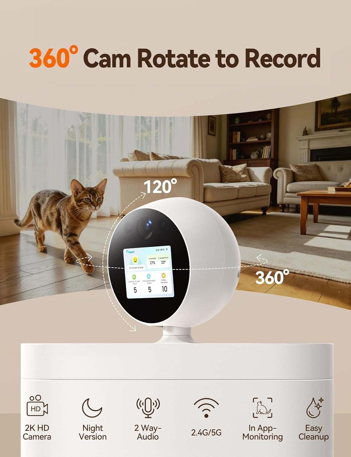 FEELNEEDY Automatic Cat Feeder with Camera 360°, 2k HD Video Night Vision, AI-Powered for Auto Pet Tracking, 5G/2.4G Wi-Fi & 2-Way Audio, Smart APP Control, Low Food Alert, 5.5L Timed Pet Feeder