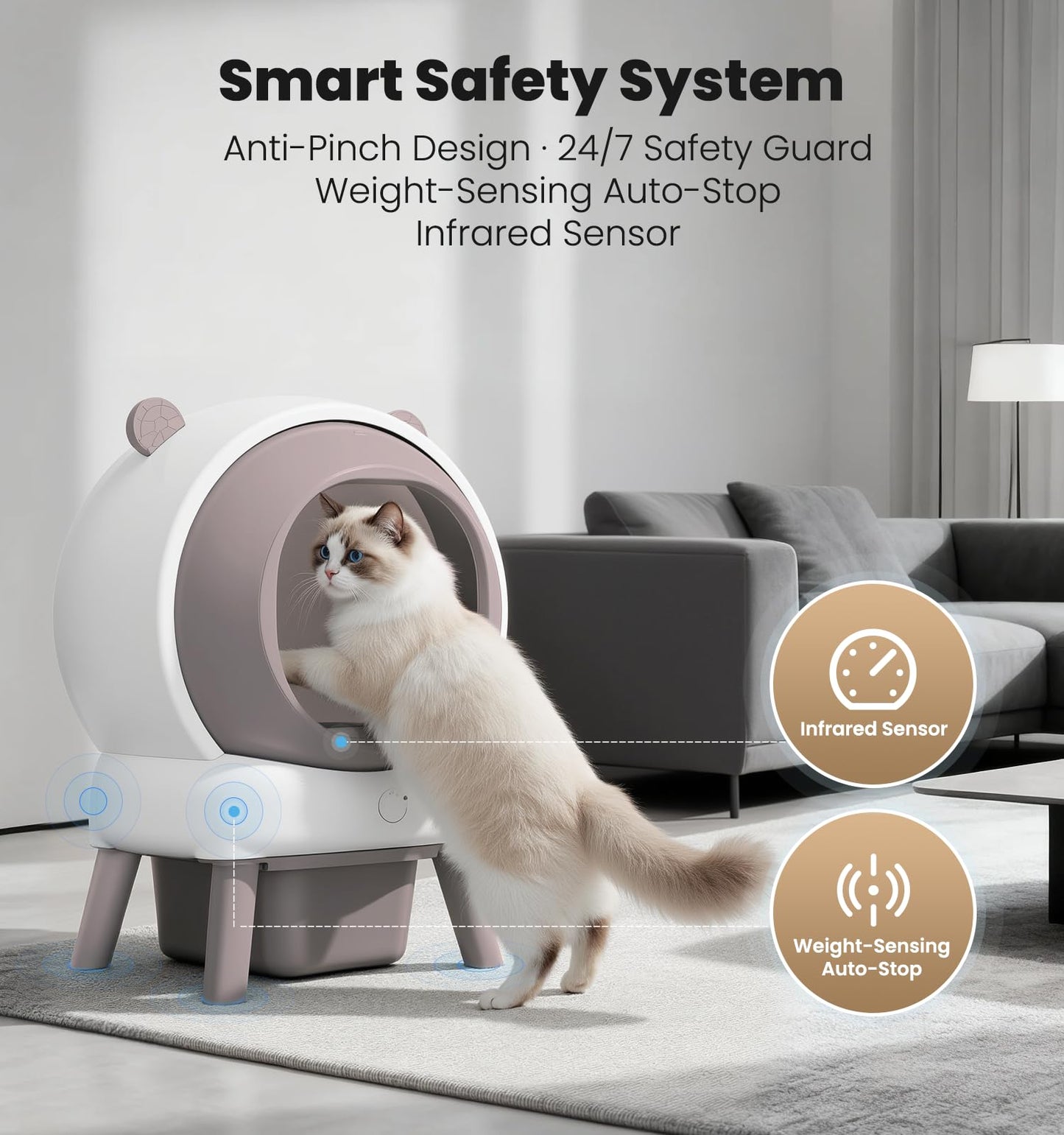 Self Cleaning Litter Box for Multiple Cats, Automatic Litter Box with APP Real-Time Monitor, Dual Safety Protection, Odor-Free Waste Disposal Includes Trash Bags, Gray