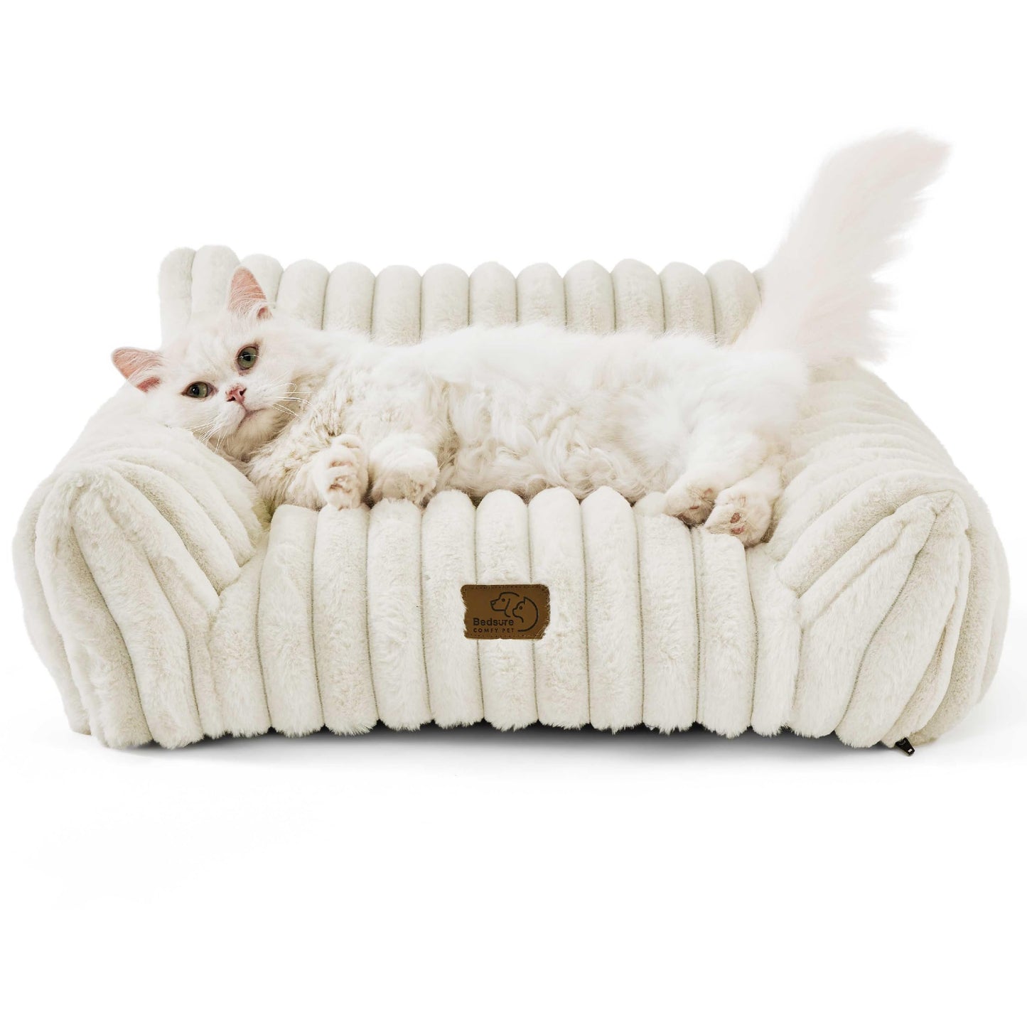 Bedsure ComfyFleece™ Cute Cat Couch for Pets - As Seen on TV on Good Day New York, Fluffy Cats beds for Indoor Cats with Removable Washable Cover, Supportive Pet Sofa, 24inch, Cream