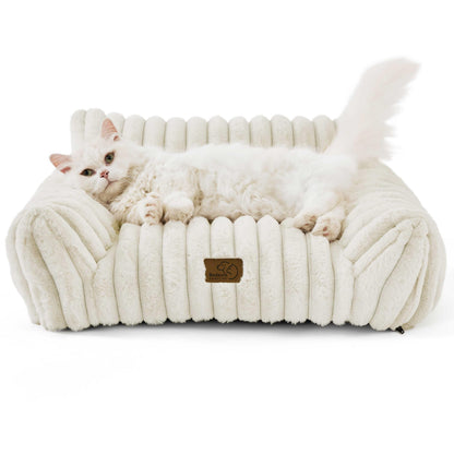 Bedsure ComfyFleece™ Cute Cat Couch for Pets - As Seen on TV on Good Day New York, Fluffy Cats beds for Indoor Cats with Removable Washable Cover, Supportive Pet Sofa, 24inch, Cream