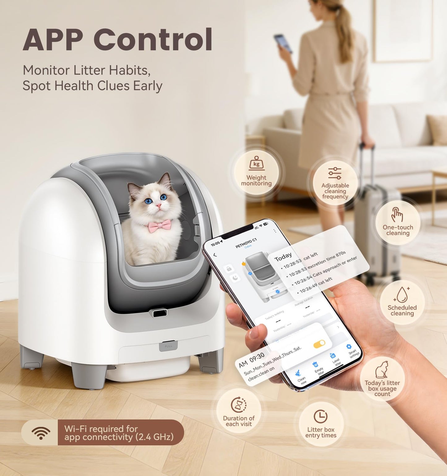 Self Cleaning Litter Box for Multiple Cats, Automatic Litter Box with APP Real-Time Monitor, Dual Safety Protection, Odor-Free Waste Disposal Includes Trash Bags, Gray