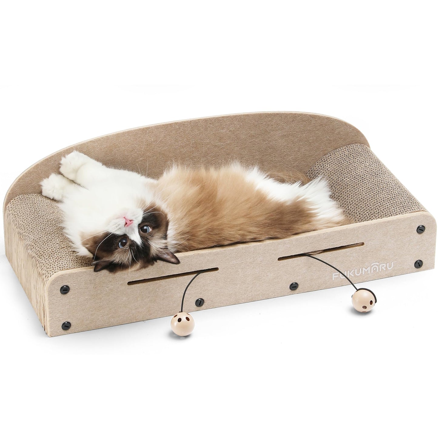FUKUMARU 26 Inch Cat Scratcher Bed, 2 Reversible Cardboard Cat Scratch Pads Refill for Indoor Cats, Durable Large Cats Scratching Bed Sofa Couch Lounger with Fun Toys, Furniture Protector, Caramel