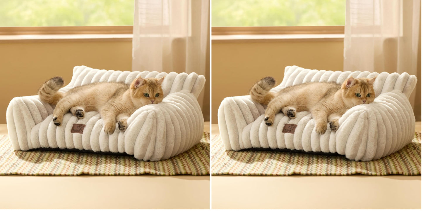 Bedsure ComfyFleece™ Cute Cat Couch for Pets - As Seen on TV on Good Day New York, Fluffy Cats beds for Indoor Cats with Removable Washable Cover, Supportive Pet Sofa, 24inch, Cream