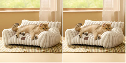 Bedsure ComfyFleece™ Cute Cat Couch for Pets - As Seen on TV on Good Day New York, Fluffy Cats beds for Indoor Cats with Removable Washable Cover, Supportive Pet Sofa, 24inch, Cream