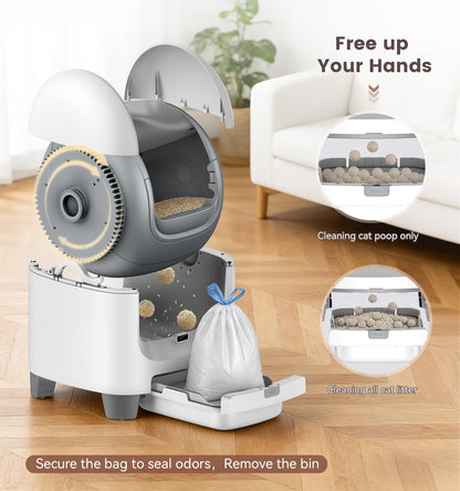 Self Cleaning Litter Box for Multiple Cats, Automatic Litter Box with APP Real-Time Monitor, Dual Safety Protection, Odor-Free Waste Disposal Includes Trash Bags, Gray
