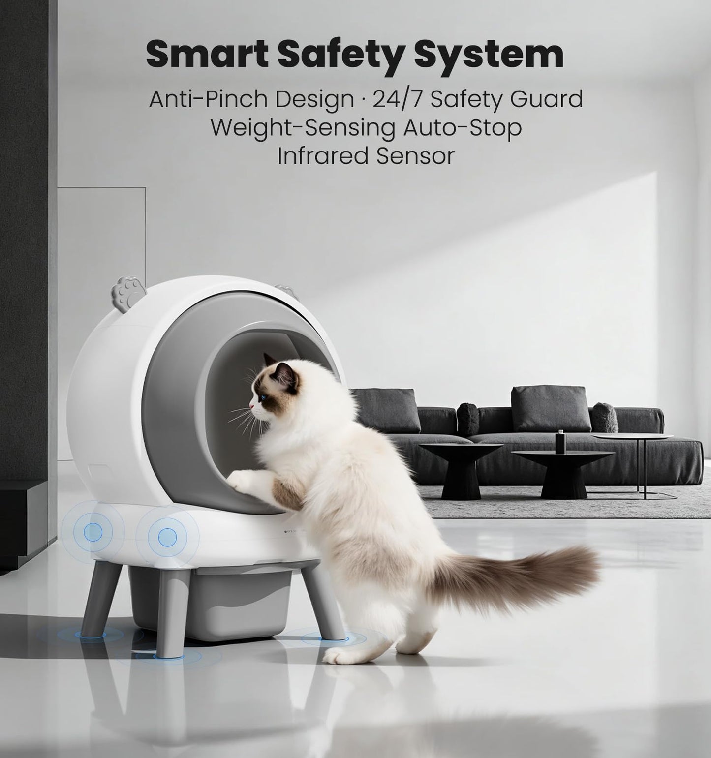 Self Cleaning Litter Box for Multiple Cats, Automatic Litter Box with APP Real-Time Monitor, Dual Safety Protection, Odor-Free Waste Disposal Includes Trash Bags, Gray