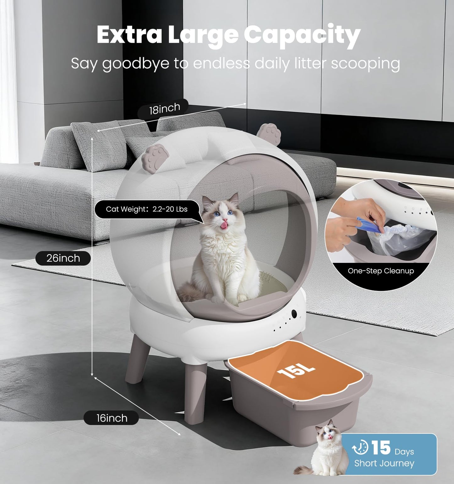 Self Cleaning Litter Box for Multiple Cats, Automatic Litter Box with APP Real-Time Monitor, Dual Safety Protection, Odor-Free Waste Disposal Includes Trash Bags, Gray