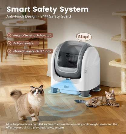 Self Cleaning Litter Box for Multiple Cats, Automatic Litter Box with APP Real-Time Monitor, Dual Safety Protection, Odor-Free Waste Disposal Includes Trash Bags, Gray
