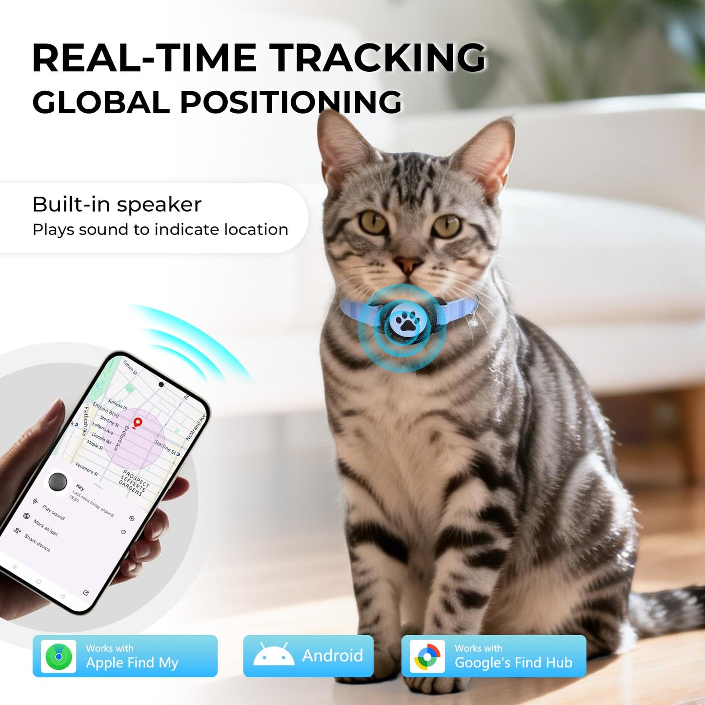 GPS Cat Tracker Collar(iOS & Android), Bluetooth Mini GPS Dog Tracker, Smart Pet Activity Tracker, No Monthly Fee, Work with Apple Find My & Google Find Hub, Finder Tag for Pets,Items Blue 1 Pack