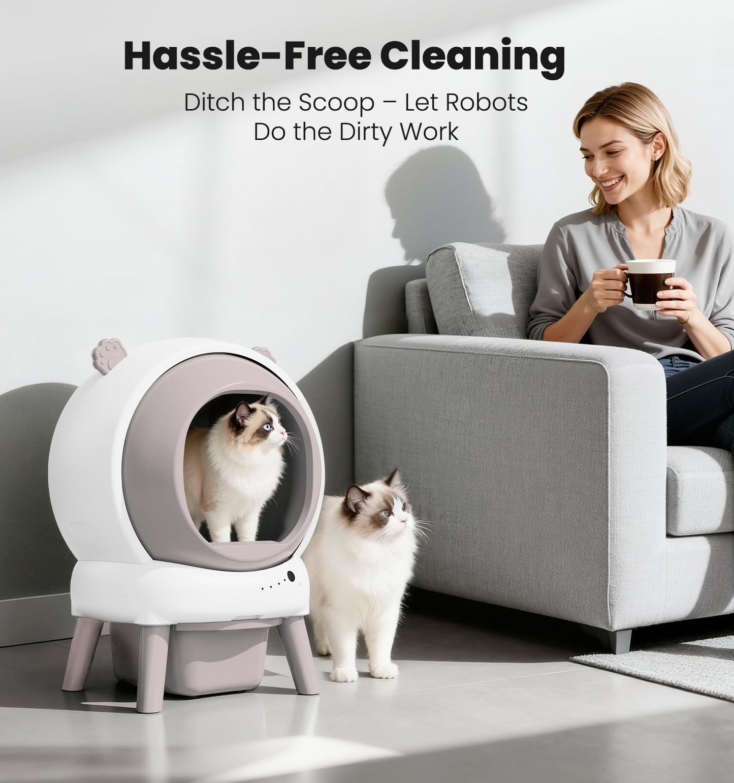 Self Cleaning Litter Box for Multiple Cats, Automatic Litter Box with APP Real-Time Monitor, Dual Safety Protection, Odor-Free Waste Disposal Includes Trash Bags, Gray