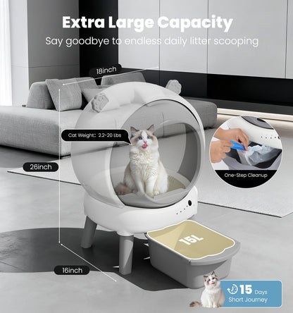 Self Cleaning Litter Box for Multiple Cats, Automatic Litter Box with APP Real-Time Monitor, Dual Safety Protection, Odor-Free Waste Disposal Includes Trash Bags, Gray