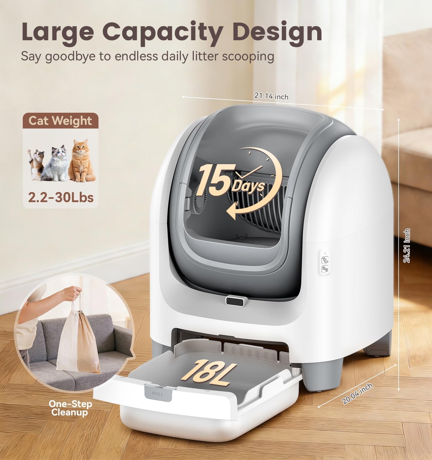 Self Cleaning Litter Box for Multiple Cats, Automatic Litter Box with APP Real-Time Monitor, Dual Safety Protection, Odor-Free Waste Disposal Includes Trash Bags, Gray