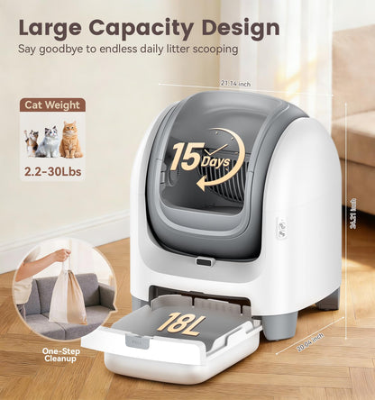 Self Cleaning Litter Box for Multiple Cats, Automatic Litter Box with APP Real-Time Monitor, Dual Safety Protection, Odor-Free Waste Disposal Includes Trash Bags, Gray