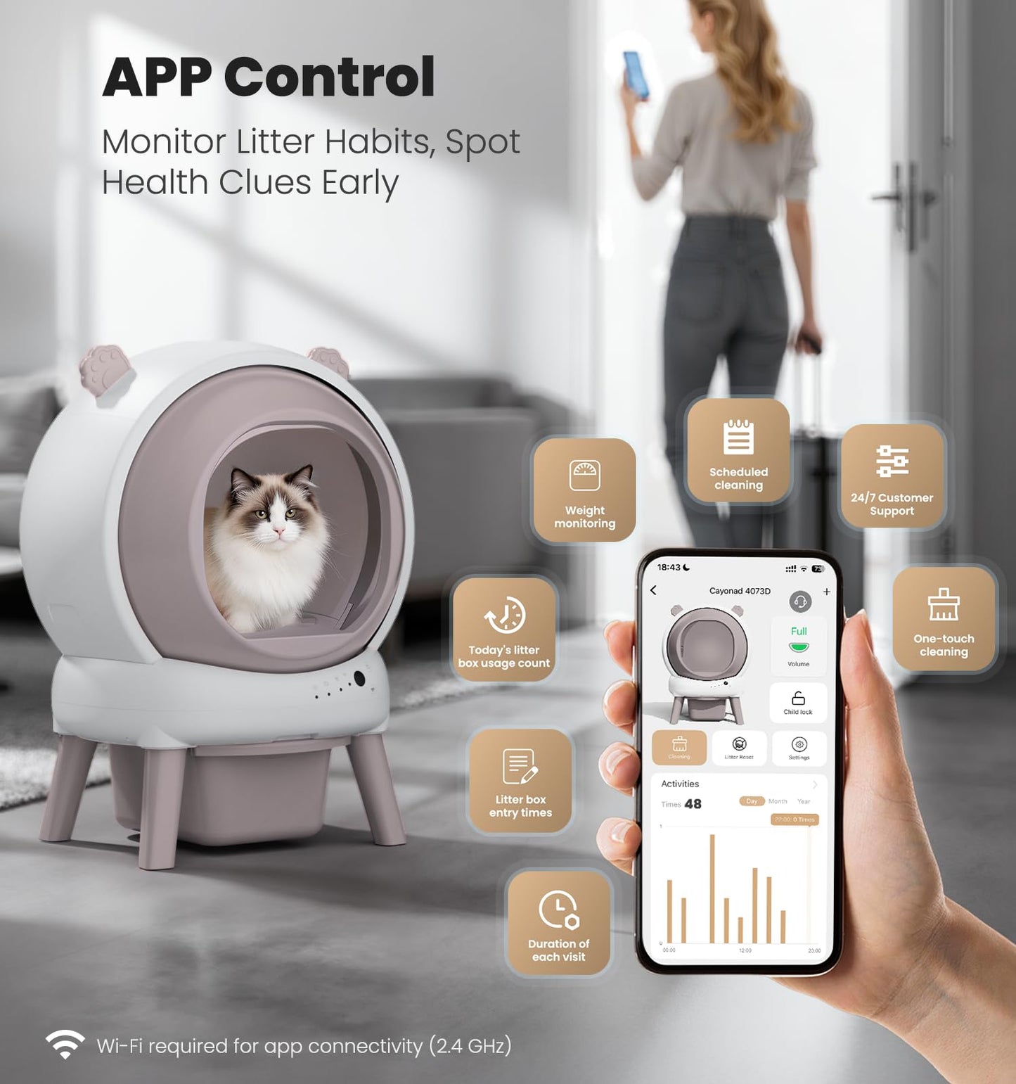 Self Cleaning Litter Box for Multiple Cats, Automatic Litter Box with APP Real-Time Monitor, Dual Safety Protection, Odor-Free Waste Disposal Includes Trash Bags, Gray
