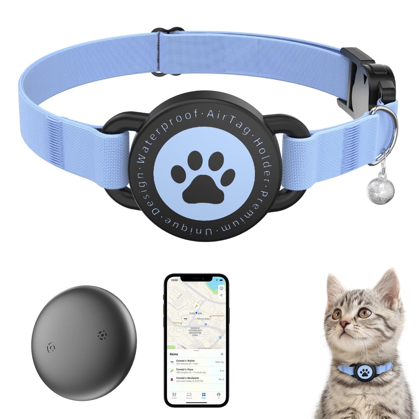 GPS Cat Tracker Collar(iOS & Android), Bluetooth Mini GPS Dog Tracker, Smart Pet Activity Tracker, No Monthly Fee, Work with Apple Find My & Google Find Hub, Finder Tag for Pets,Items Blue 1 Pack