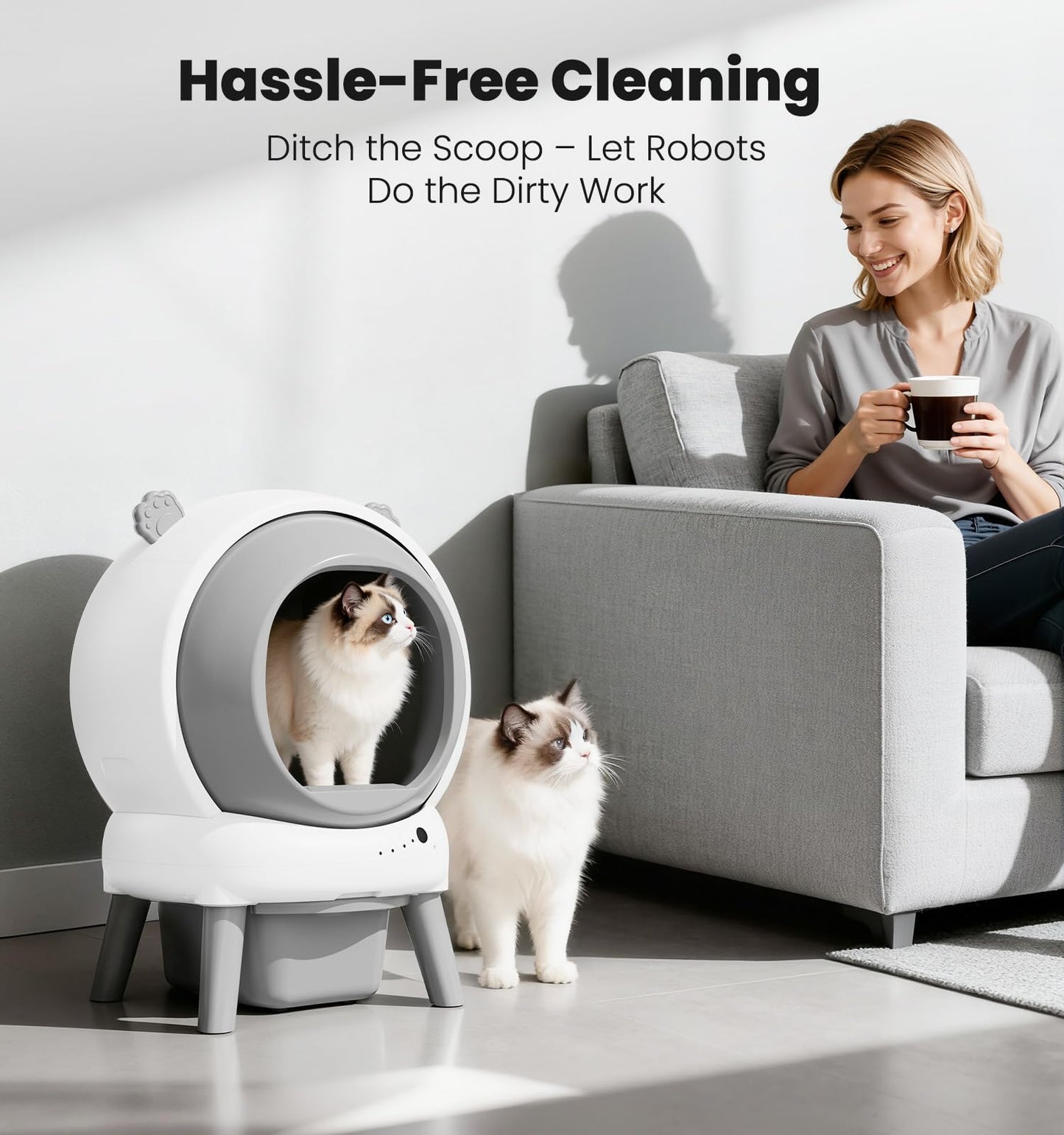 Self Cleaning Litter Box for Multiple Cats, Automatic Litter Box with APP Real-Time Monitor, Dual Safety Protection, Odor-Free Waste Disposal Includes Trash Bags, Gray