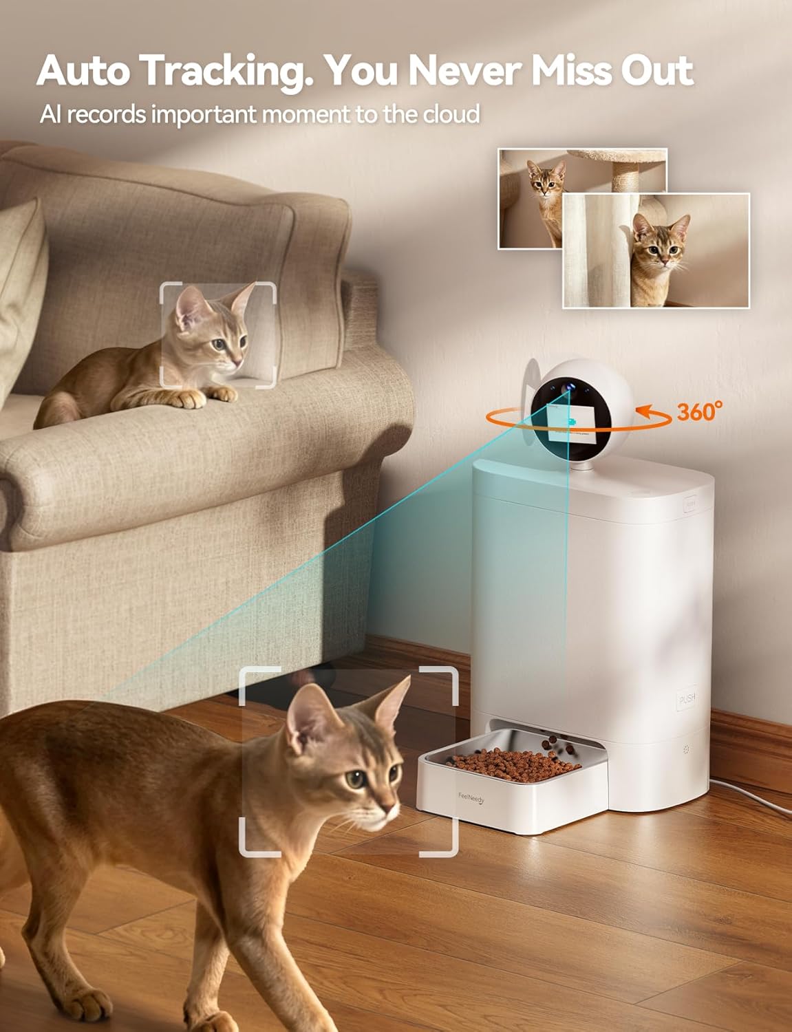 FEELNEEDY Automatic Cat Feeder with Camera 360°, 2k HD Video Night Vision, AI-Powered for Auto Pet Tracking, 5G/2.4G Wi-Fi & 2-Way Audio, Smart APP Control, Low Food Alert, 5.5L Timed Pet Feeder