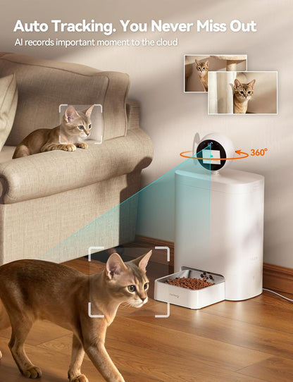 FEELNEEDY Automatic Cat Feeder with Camera 360°, 2k HD Video Night Vision, AI-Powered for Auto Pet Tracking, 5G/2.4G Wi-Fi & 2-Way Audio, Smart APP Control, Low Food Alert, 5.5L Timed Pet Feeder