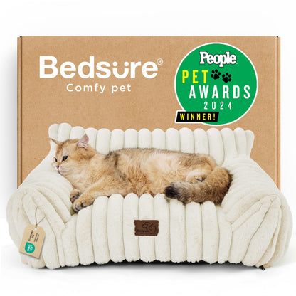 Bedsure ComfyFleece™ Cute Cat Couch for Pets - As Seen on TV on Good Day New York, Fluffy Cats beds for Indoor Cats with Removable Washable Cover, Supportive Pet Sofa, 24inch, Cream