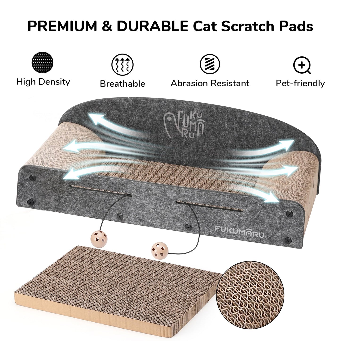 FUKUMARU 26 Inch Cat Scratcher Bed, 2 Reversible Cardboard Cat Scratch Pads Refill for Indoor Cats, Durable Large Cats Scratching Bed Sofa Couch Lounger with Fun Toys, Furniture Protector, Caramel
