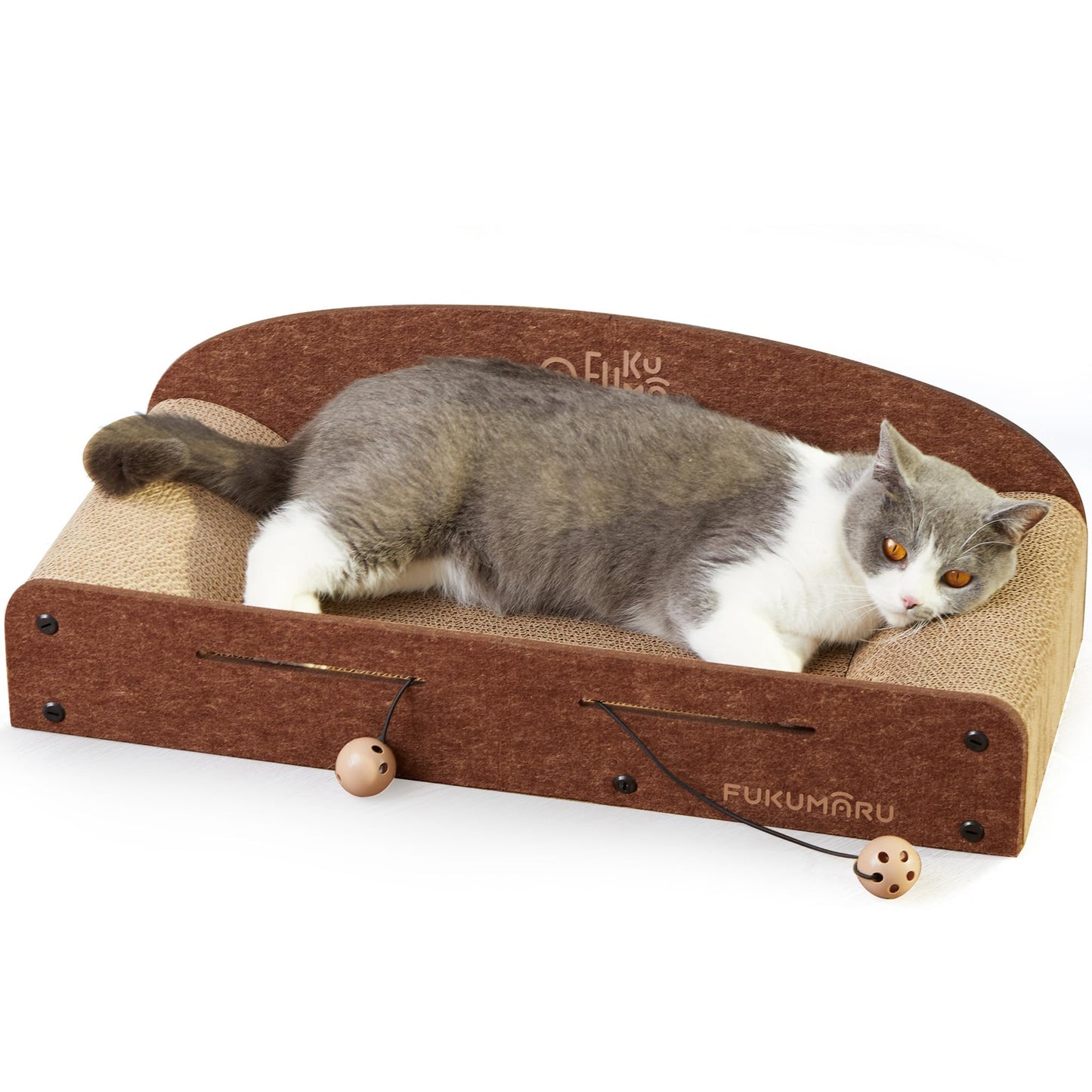 FUKUMARU 26 Inch Cat Scratcher Bed, 2 Reversible Cardboard Cat Scratch Pads Refill for Indoor Cats, Durable Large Cats Scratching Bed Sofa Couch Lounger with Fun Toys, Furniture Protector, Caramel