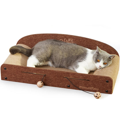 FUKUMARU 26 Inch Cat Scratcher Bed, 2 Reversible Cardboard Cat Scratch Pads Refill for Indoor Cats, Durable Large Cats Scratching Bed Sofa Couch Lounger with Fun Toys, Furniture Protector, Caramel