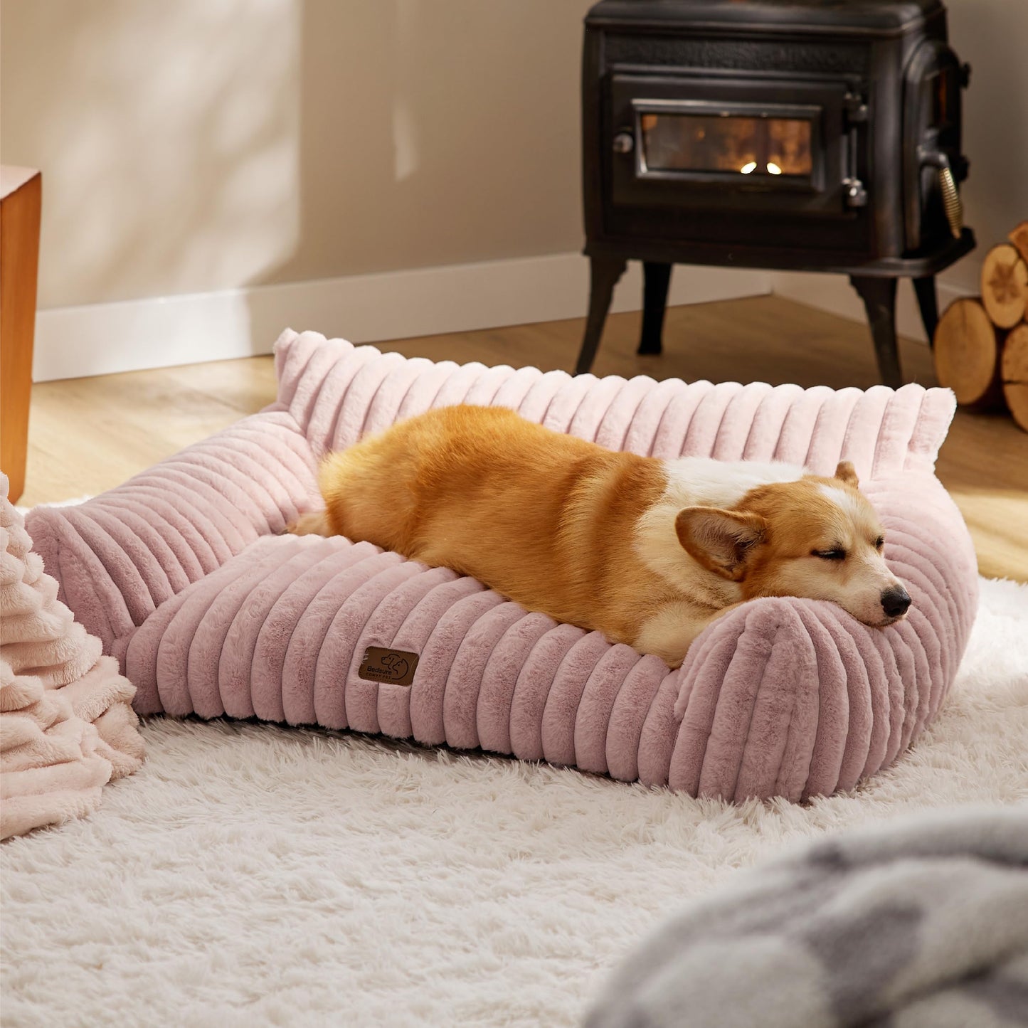 Bedsure ComfyFleece™ Cute Cat Couch for Pets - As Seen on TV on Good Day New York, Fluffy Cats beds for Indoor Cats with Removable Washable Cover, Supportive Pet Sofa, 24inch, Cream