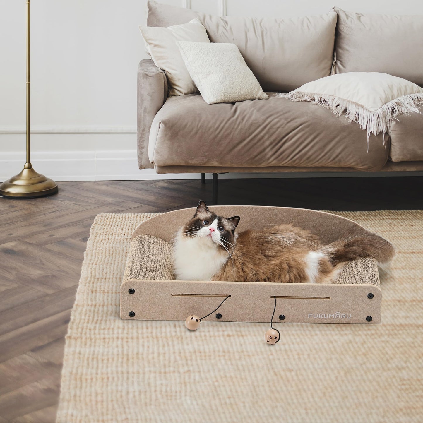 FUKUMARU 26 Inch Cat Scratcher Bed, 2 Reversible Cardboard Cat Scratch Pads Refill for Indoor Cats, Durable Large Cats Scratching Bed Sofa Couch Lounger with Fun Toys, Furniture Protector, Caramel