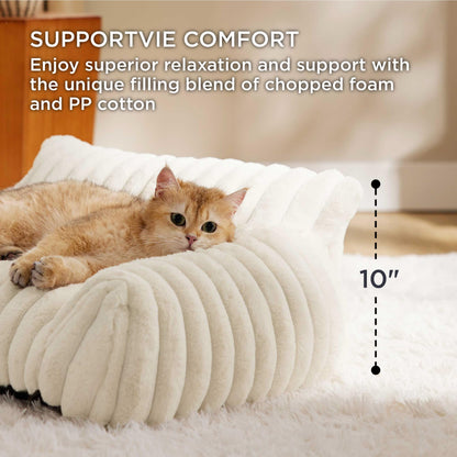 Bedsure ComfyFleece™ Cute Cat Couch for Pets - As Seen on TV on Good Day New York, Fluffy Cats beds for Indoor Cats with Removable Washable Cover, Supportive Pet Sofa, 24inch, Cream