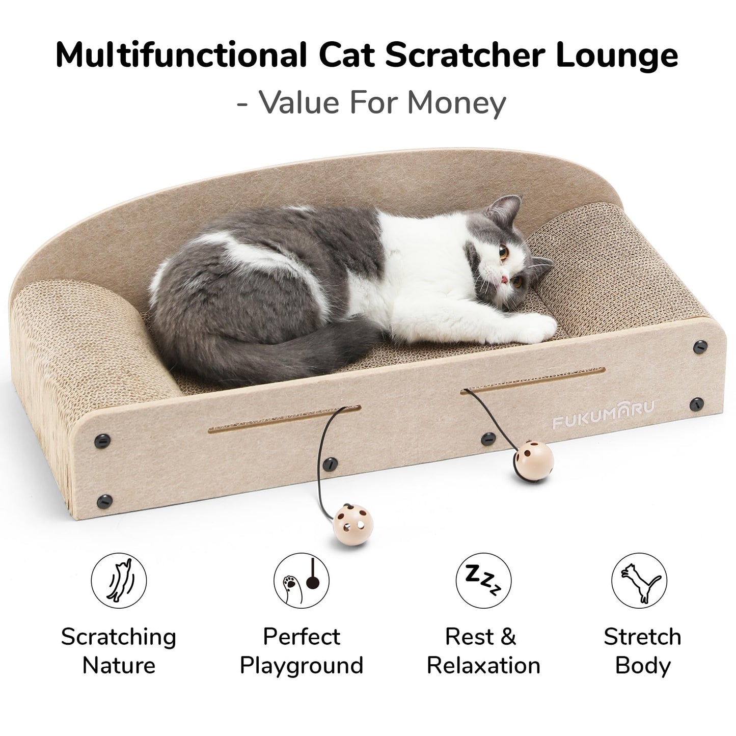 FUKUMARU 26 Inch Cat Scratcher Bed, 2 Reversible Cardboard Cat Scratch Pads Refill for Indoor Cats, Durable Large Cats Scratching Bed Sofa Couch Lounger with Fun Toys, Furniture Protector, Caramel