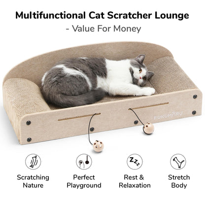 FUKUMARU 26 Inch Cat Scratcher Bed, 2 Reversible Cardboard Cat Scratch Pads Refill for Indoor Cats, Durable Large Cats Scratching Bed Sofa Couch Lounger with Fun Toys, Furniture Protector, Caramel