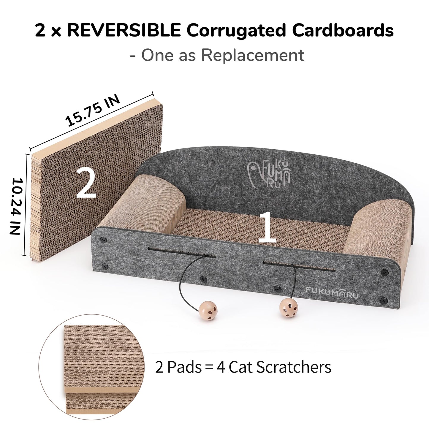 FUKUMARU 26 Inch Cat Scratcher Bed, 2 Reversible Cardboard Cat Scratch Pads Refill for Indoor Cats, Durable Large Cats Scratching Bed Sofa Couch Lounger with Fun Toys, Furniture Protector, Caramel