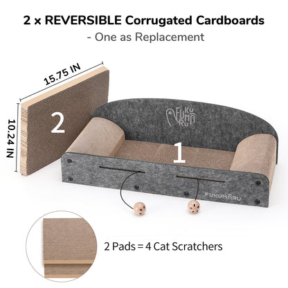 FUKUMARU 26 Inch Cat Scratcher Bed, 2 Reversible Cardboard Cat Scratch Pads Refill for Indoor Cats, Durable Large Cats Scratching Bed Sofa Couch Lounger with Fun Toys, Furniture Protector, Caramel
