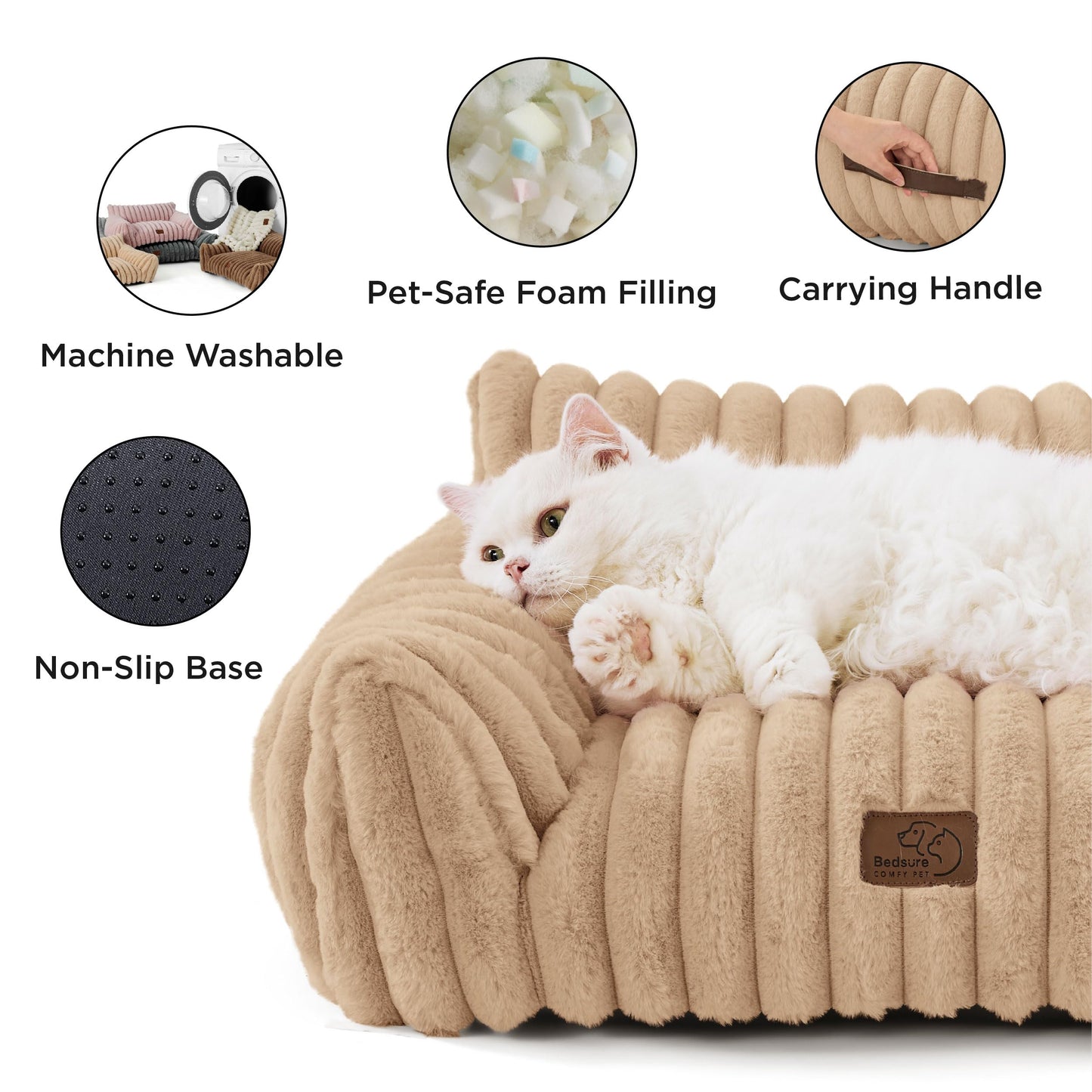 Bedsure ComfyFleece™ Cute Cat Couch for Pets - As Seen on TV on Good Day New York, Fluffy Cats beds for Indoor Cats with Removable Washable Cover, Supportive Pet Sofa, 24inch, Cream