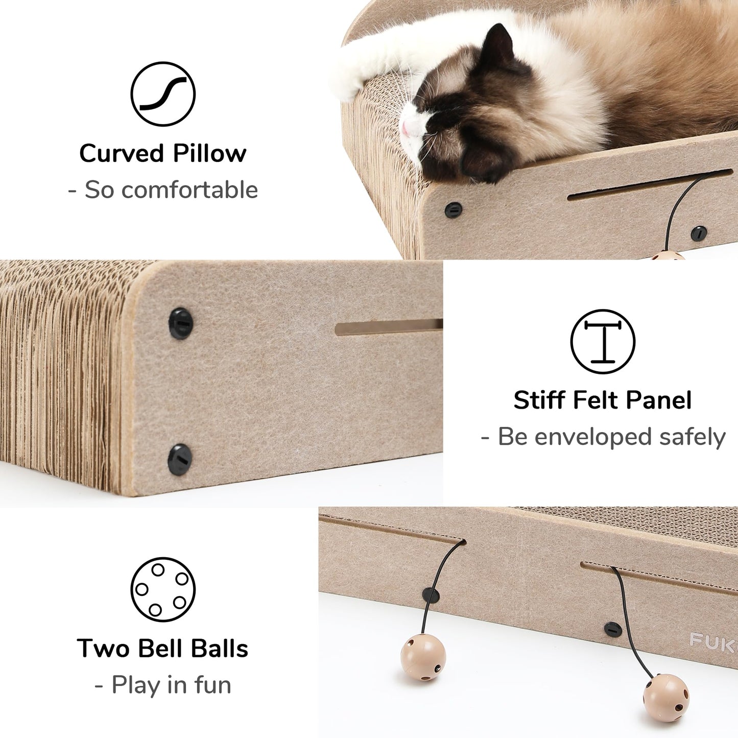FUKUMARU 26 Inch Cat Scratcher Bed, 2 Reversible Cardboard Cat Scratch Pads Refill for Indoor Cats, Durable Large Cats Scratching Bed Sofa Couch Lounger with Fun Toys, Furniture Protector, Caramel