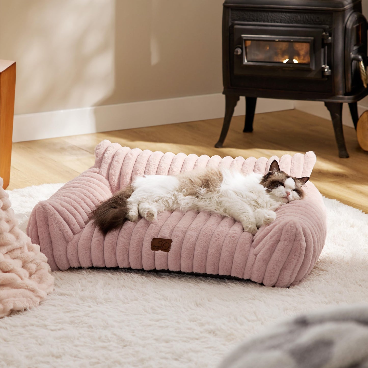Bedsure ComfyFleece™ Cute Cat Couch for Pets - As Seen on TV on Good Day New York, Fluffy Cats beds for Indoor Cats with Removable Washable Cover, Supportive Pet Sofa, 24inch, Cream
