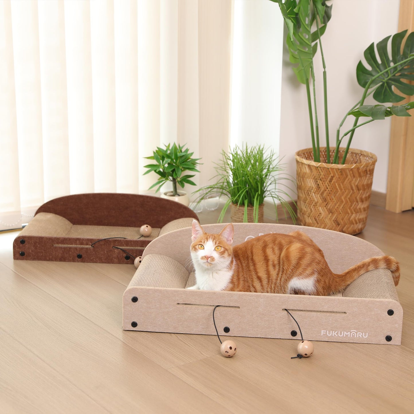 FUKUMARU 26 Inch Cat Scratcher Bed, 2 Reversible Cardboard Cat Scratch Pads Refill for Indoor Cats, Durable Large Cats Scratching Bed Sofa Couch Lounger with Fun Toys, Furniture Protector, Caramel
