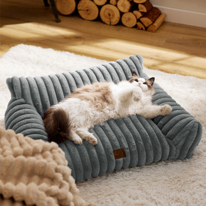 Bedsure ComfyFleece™ Cute Cat Couch for Pets - As Seen on TV on Good Day New York, Fluffy Cats beds for Indoor Cats with Removable Washable Cover, Supportive Pet Sofa, 24inch, Cream
