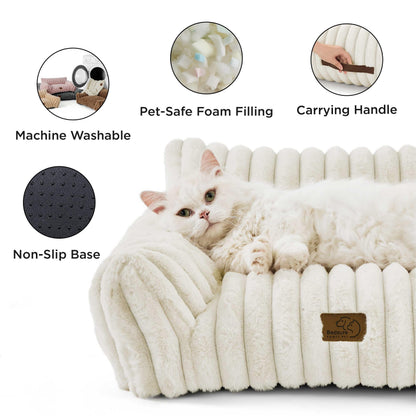 Bedsure ComfyFleece™ Cute Cat Couch for Pets - As Seen on TV on Good Day New York, Fluffy Cats beds for Indoor Cats with Removable Washable Cover, Supportive Pet Sofa, 24inch, Cream