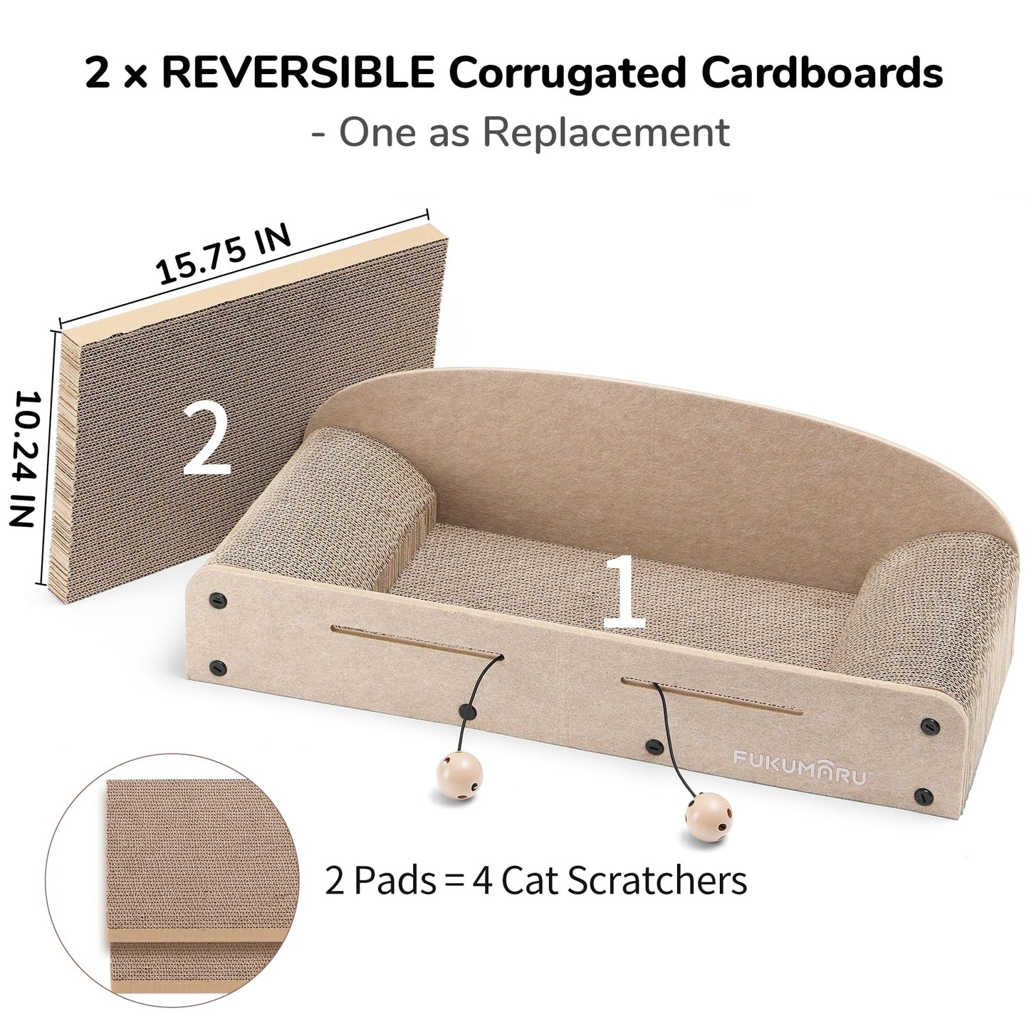 FUKUMARU 26 Inch Cat Scratcher Bed, 2 Reversible Cardboard Cat Scratch Pads Refill for Indoor Cats, Durable Large Cats Scratching Bed Sofa Couch Lounger with Fun Toys, Furniture Protector, Caramel