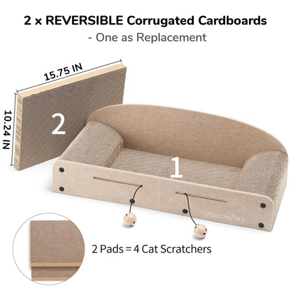 FUKUMARU 26 Inch Cat Scratcher Bed, 2 Reversible Cardboard Cat Scratch Pads Refill for Indoor Cats, Durable Large Cats Scratching Bed Sofa Couch Lounger with Fun Toys, Furniture Protector, Caramel