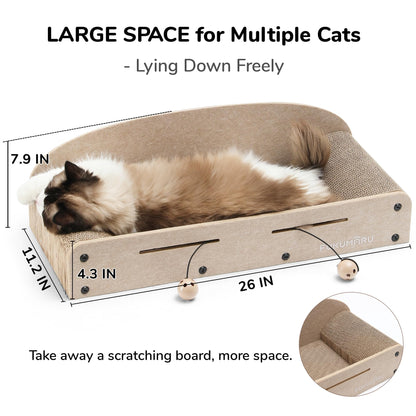 FUKUMARU 26 Inch Cat Scratcher Bed, 2 Reversible Cardboard Cat Scratch Pads Refill for Indoor Cats, Durable Large Cats Scratching Bed Sofa Couch Lounger with Fun Toys, Furniture Protector, Caramel