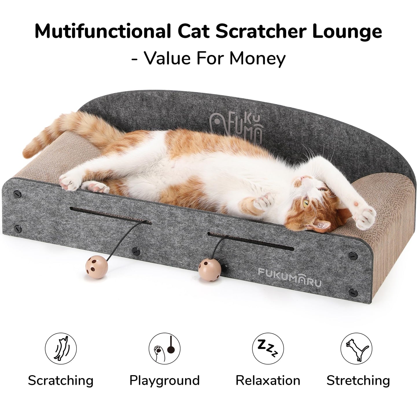 FUKUMARU 26 Inch Cat Scratcher Bed, 2 Reversible Cardboard Cat Scratch Pads Refill for Indoor Cats, Durable Large Cats Scratching Bed Sofa Couch Lounger with Fun Toys, Furniture Protector, Caramel
