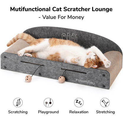FUKUMARU 26 Inch Cat Scratcher Bed, 2 Reversible Cardboard Cat Scratch Pads Refill for Indoor Cats, Durable Large Cats Scratching Bed Sofa Couch Lounger with Fun Toys, Furniture Protector, Caramel