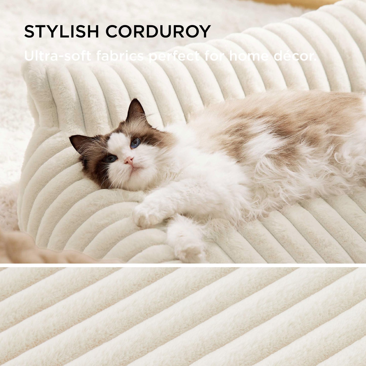 Bedsure ComfyFleece™ Cute Cat Couch for Pets - As Seen on TV on Good Day New York, Fluffy Cats beds for Indoor Cats with Removable Washable Cover, Supportive Pet Sofa, 24inch, Cream