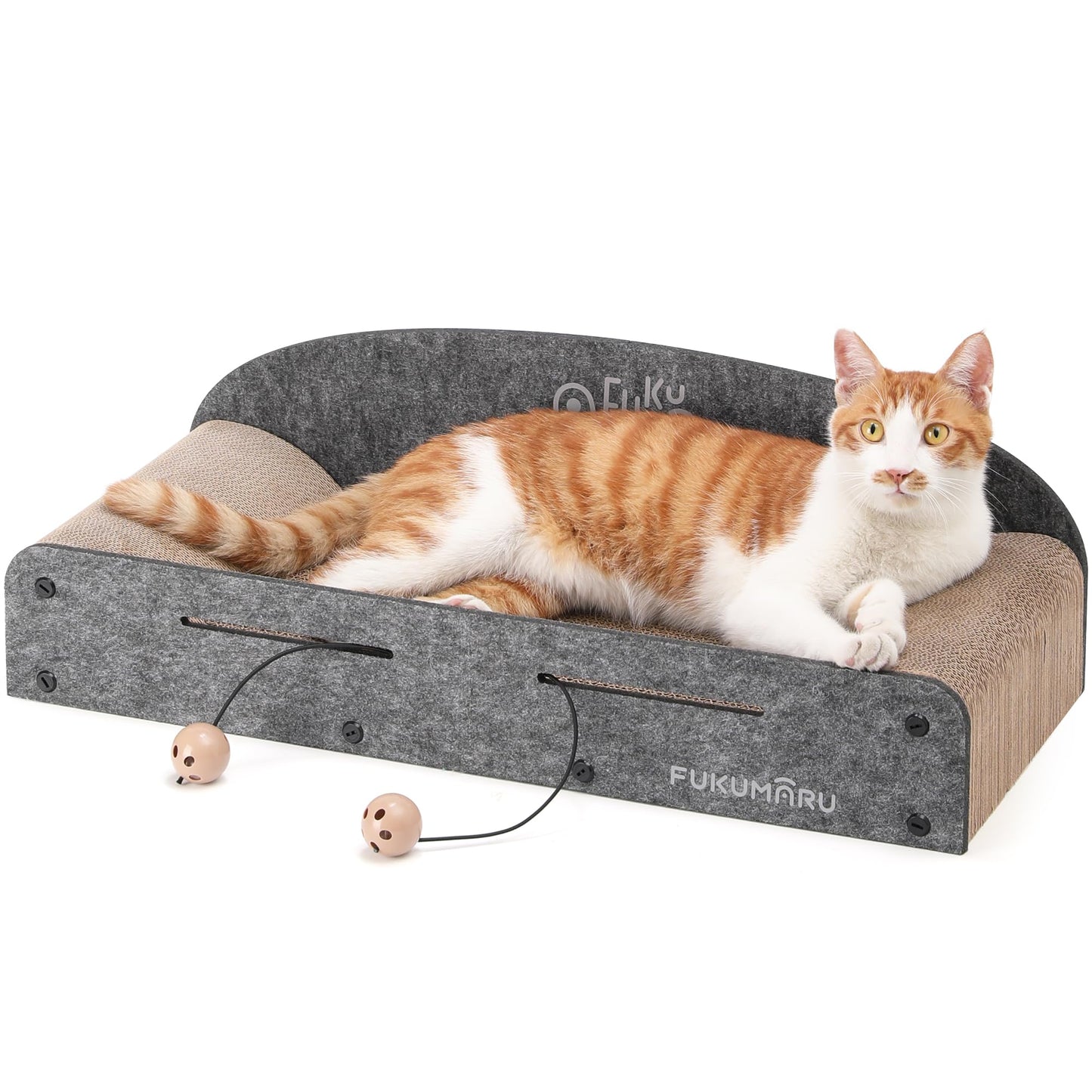 FUKUMARU 26 Inch Cat Scratcher Bed, 2 Reversible Cardboard Cat Scratch Pads Refill for Indoor Cats, Durable Large Cats Scratching Bed Sofa Couch Lounger with Fun Toys, Furniture Protector, Caramel