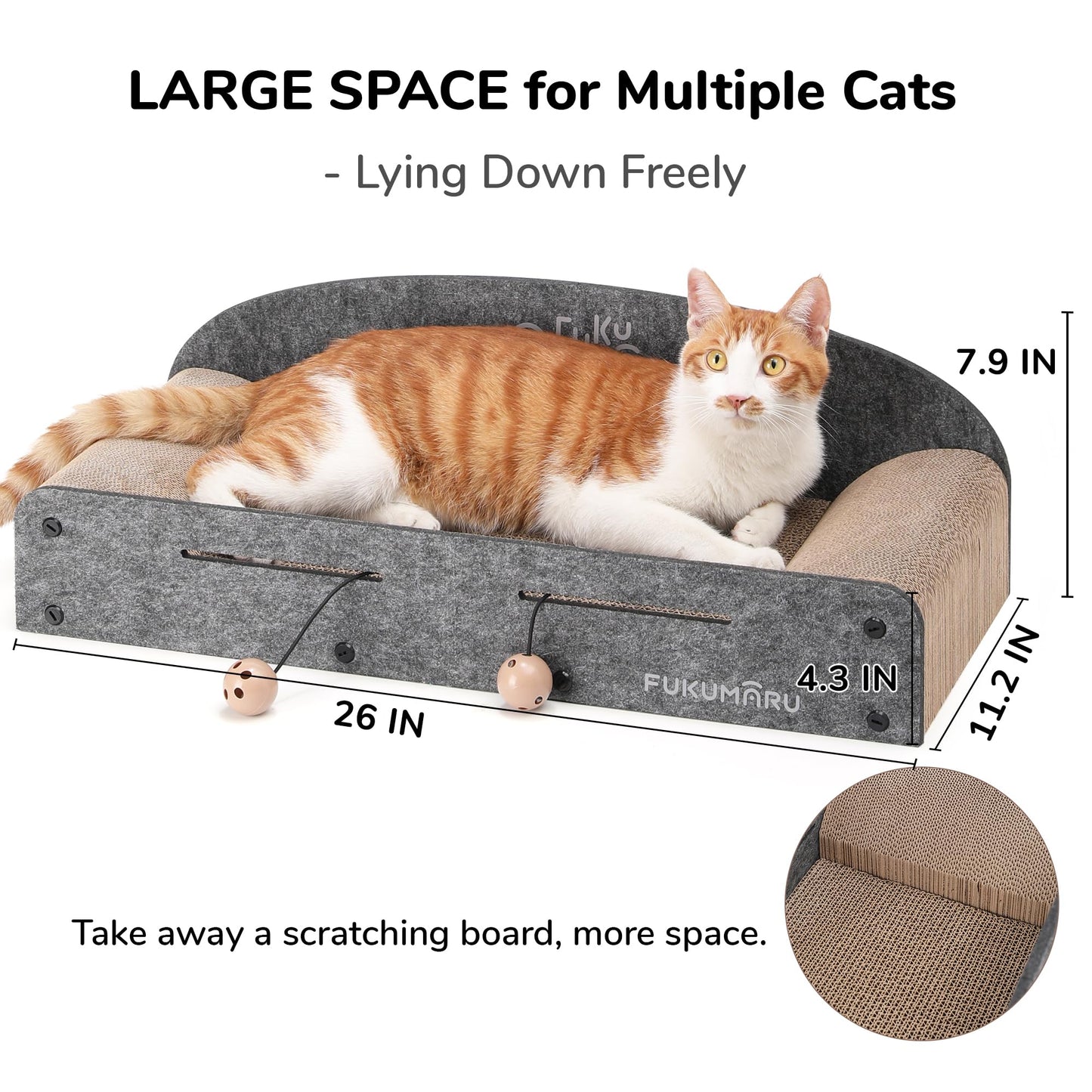 FUKUMARU 26 Inch Cat Scratcher Bed, 2 Reversible Cardboard Cat Scratch Pads Refill for Indoor Cats, Durable Large Cats Scratching Bed Sofa Couch Lounger with Fun Toys, Furniture Protector, Caramel